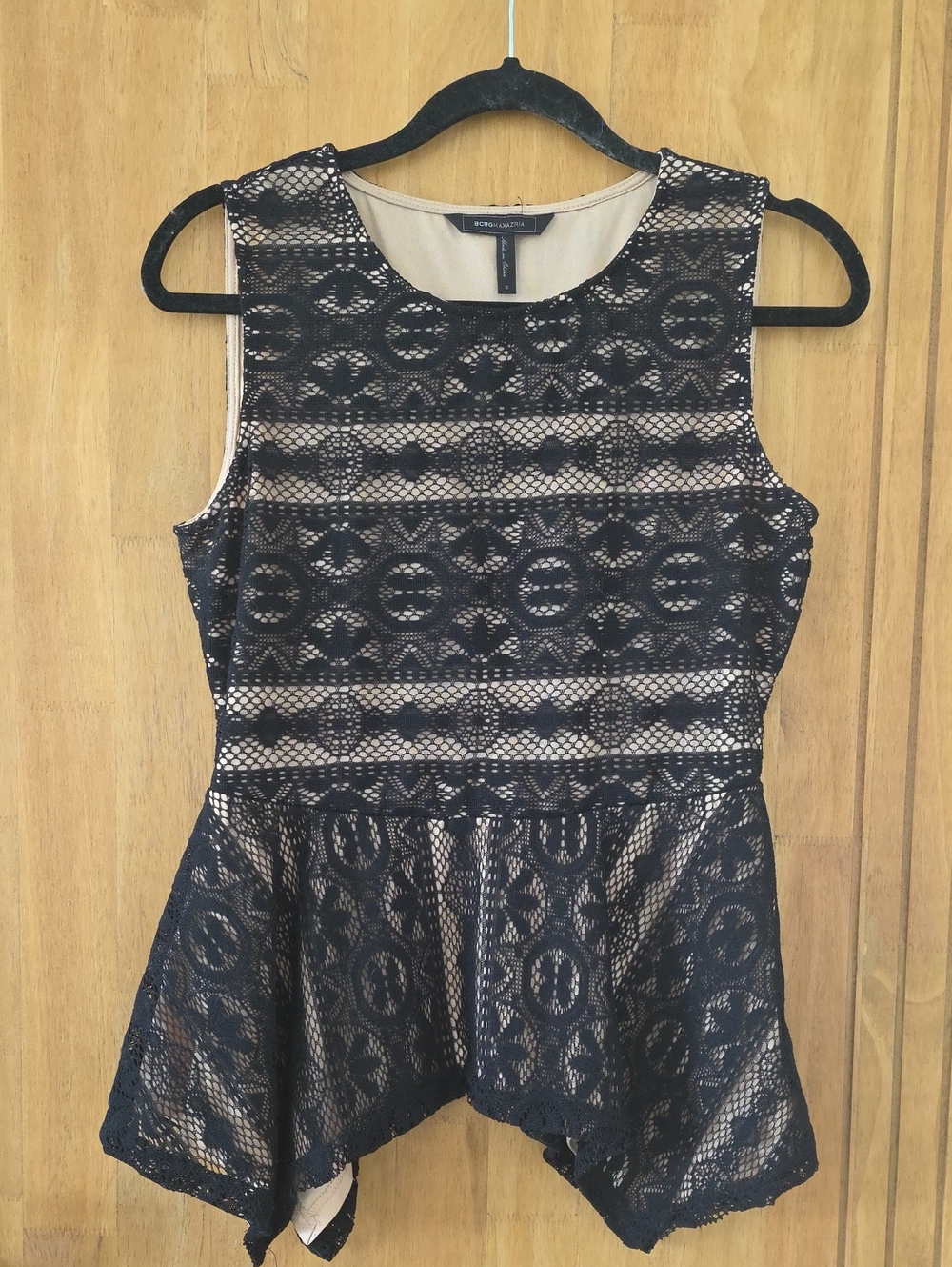 BCBGMaxAzria Black Lace Peplum Camisole with Nude Underlay